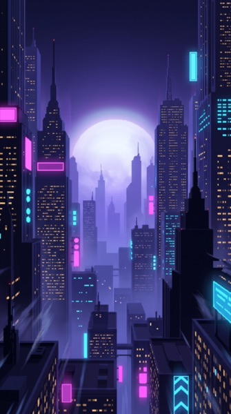 Ascend: a neon city at night under a full moon
