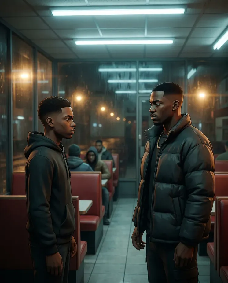 Two characters face off in a late-night chicken shop