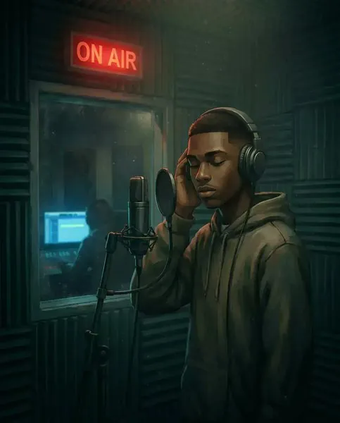 Barz: a young man at the mic in a recording booth under an ON AIR sign