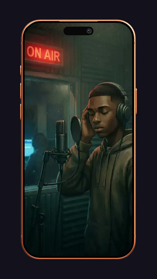 Barz on an iPhone: he records in the booth, headphones on, under the ON AIR sign