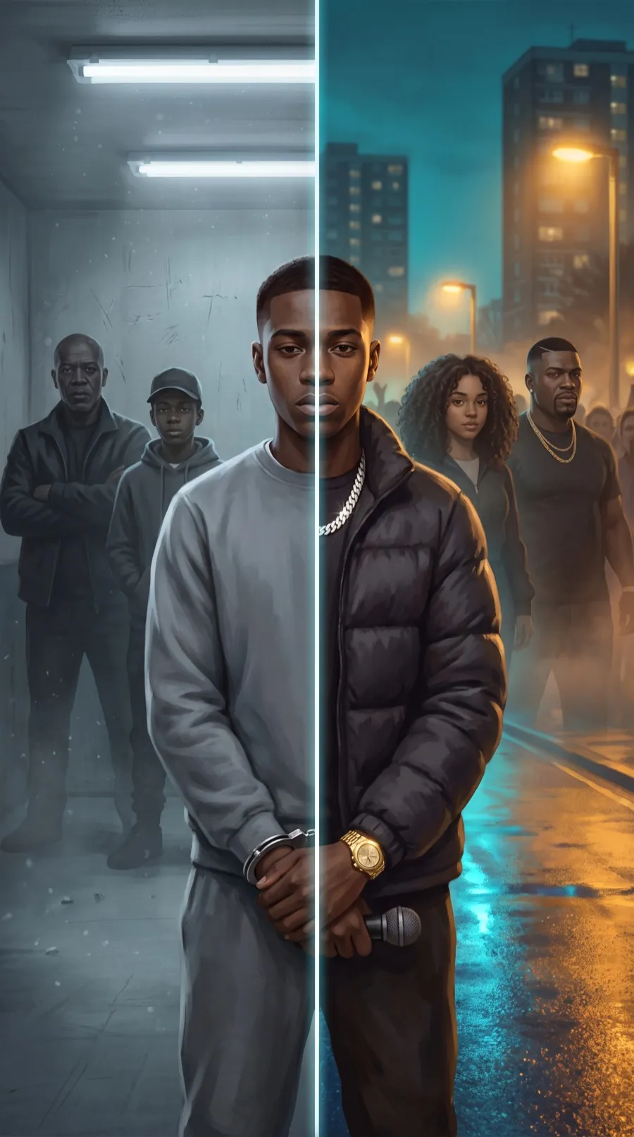 Barz key art: one young man split between a prison corridor and his estate