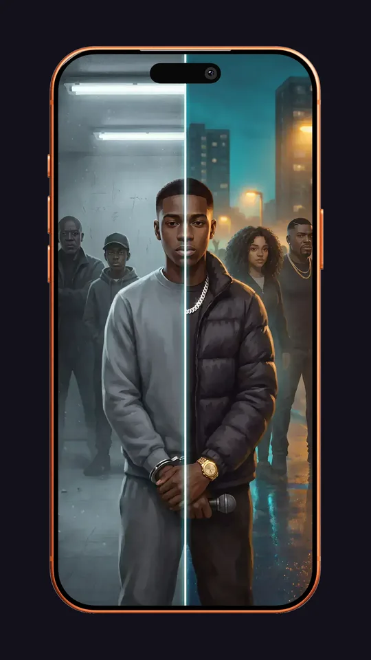 Barz key art on an iPhone: one young man split down the middle, handcuffed in a prison corridor on one side, holding a mic on his estate on the other