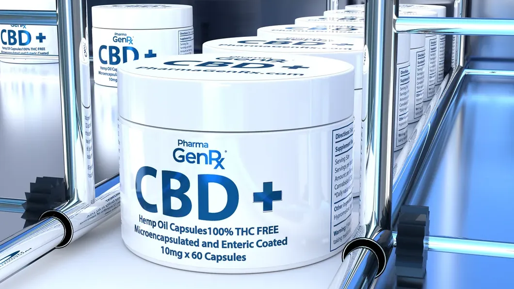 White CBD+ jars moving along a factory production line in blue light