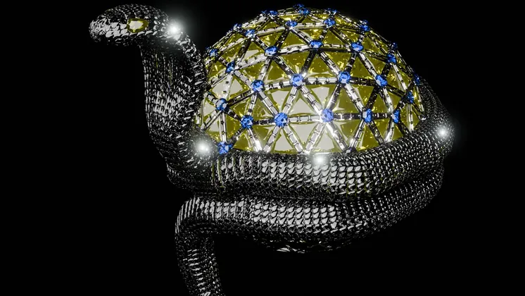 The serpent coiled around the gold and stone sphere