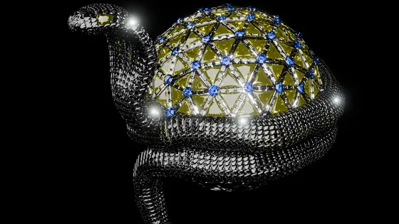 The Blender render: a serpent coiled around a jewelled geodesic sphere