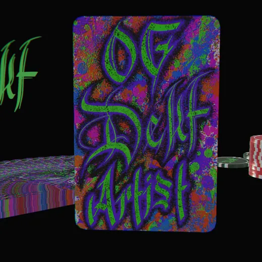 A graffiti playing card reading OG DEKT Artist, with a fanned deck and poker chips on black