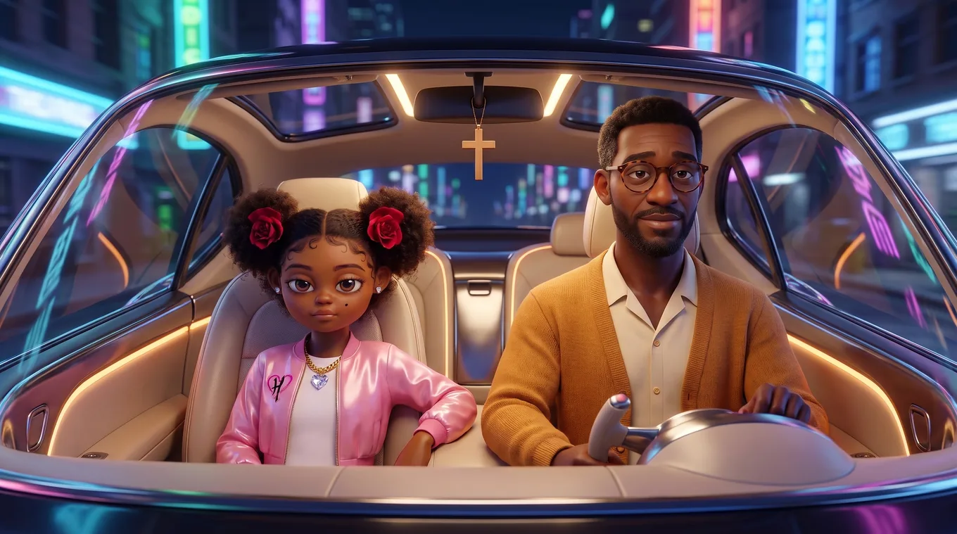 Harriet Heart and her dad in his hover cab at night