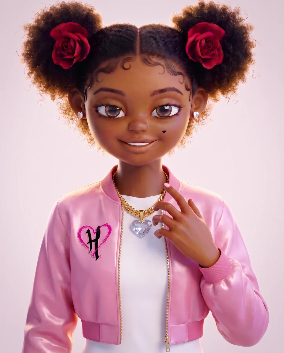 Harriet Heart in her pink jacket with the heart mark and her crystal heart pendant, smiling