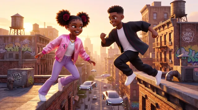 Harriet Heart and her twin Hunter racing across a rooftop at sunset