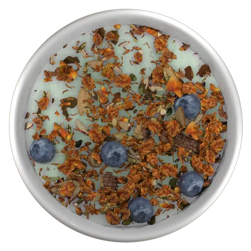 A bowl of granola with blueberries, seen from above