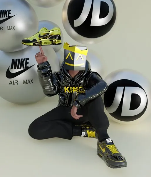 K!₦G The Mogul in his crown mask, crouched among giant JD and Nike Air Max spheres