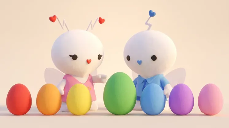 The LuvBugz with a row of rainbow eggs