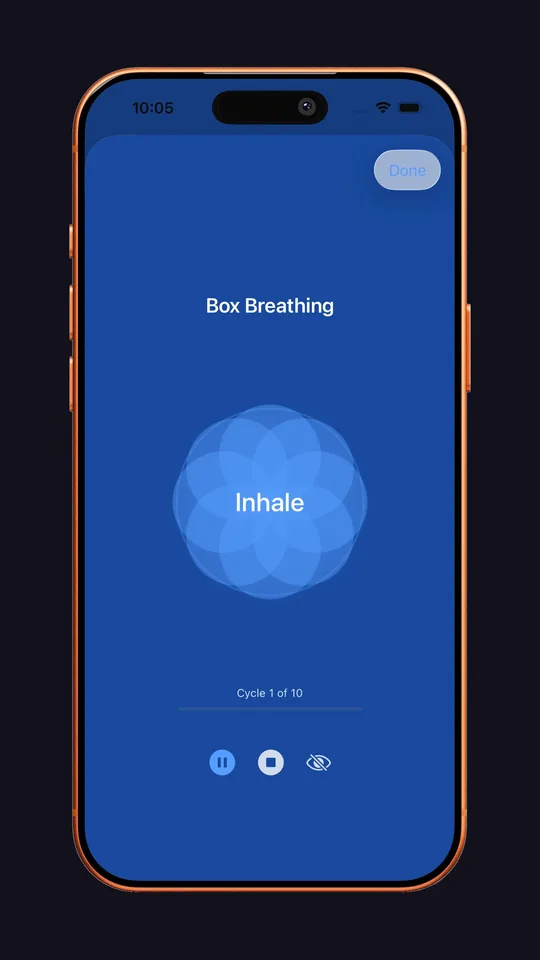 NeuroLoop 100 on an iPhone: box breathing, with the Inhale cue