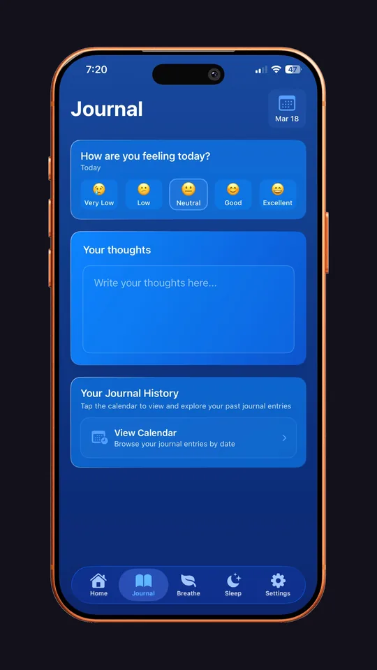 NeuroLoop 100 on an iPhone: the journal, with a mood check and a place for your thoughts