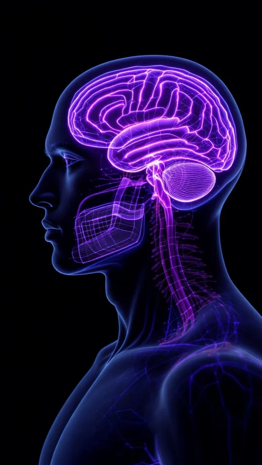 The AI-made background: a transparent figure in profile with a glowing violet brain