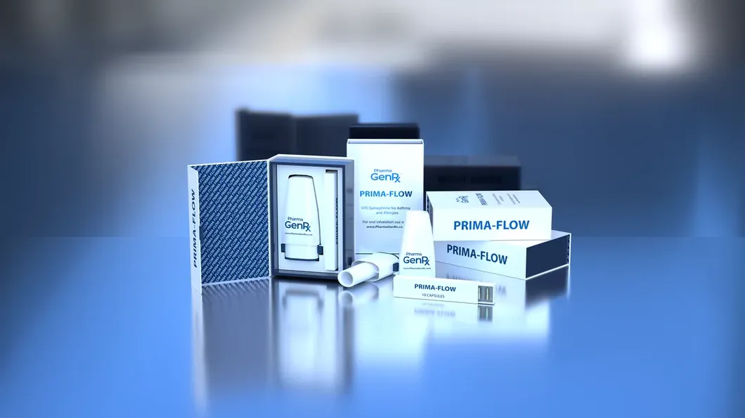 The Prima-Flow product line, boxes and bottles, lit on a blue stage