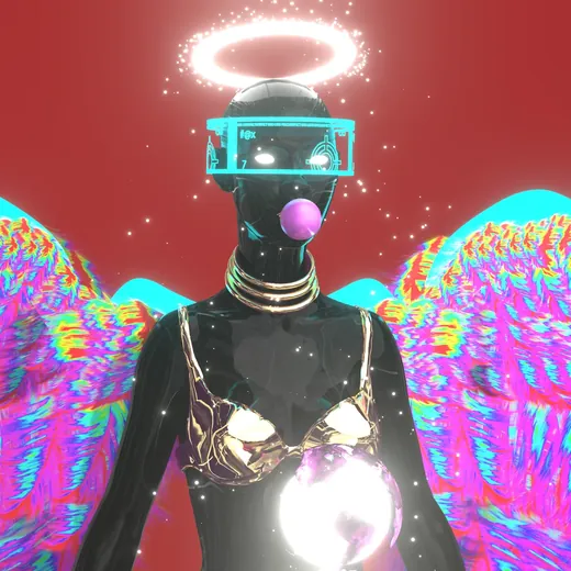A chrome figure with a halo, a visor and rainbow wings, blowing a bubble