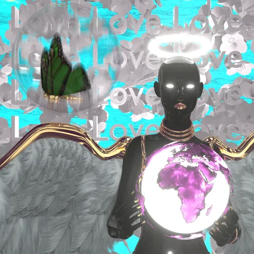 A chrome figure with a halo and grey wings, holding a glowing globe