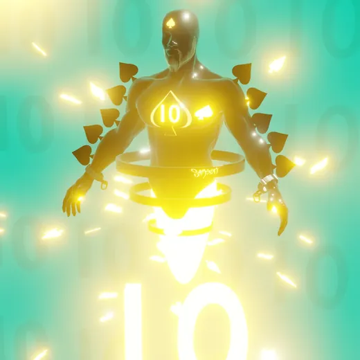A gold figure glowing over a large 10, on a teal background