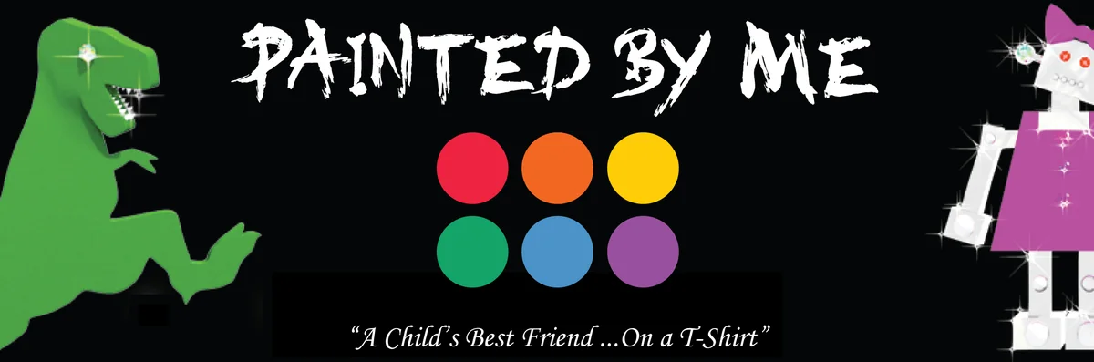 The Painted By Me banner: 3D toy characters and a dinosaur around the logo